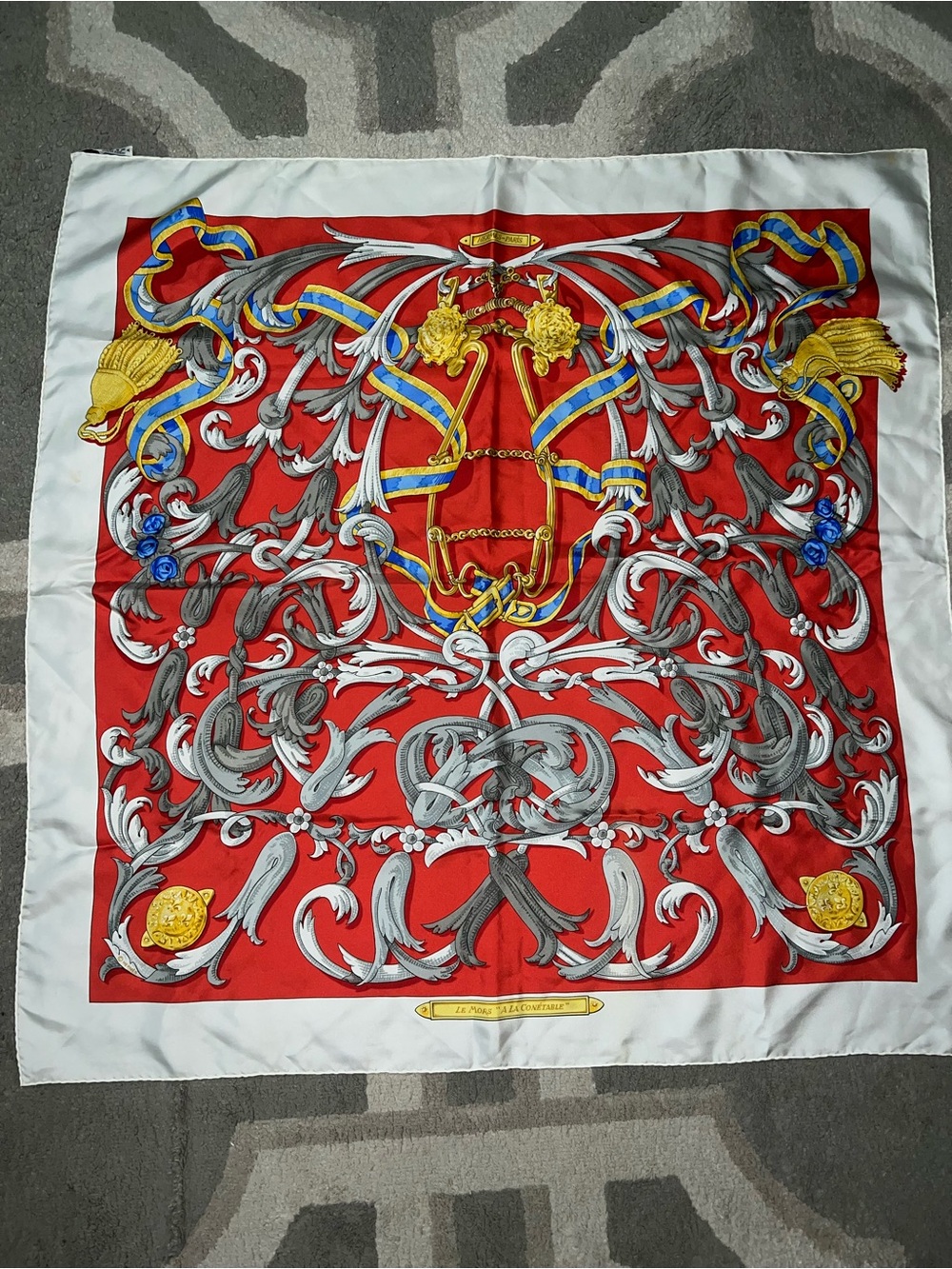 Hermes Red Baroque-Style Silk Tapestry with Gold and Blue Accents